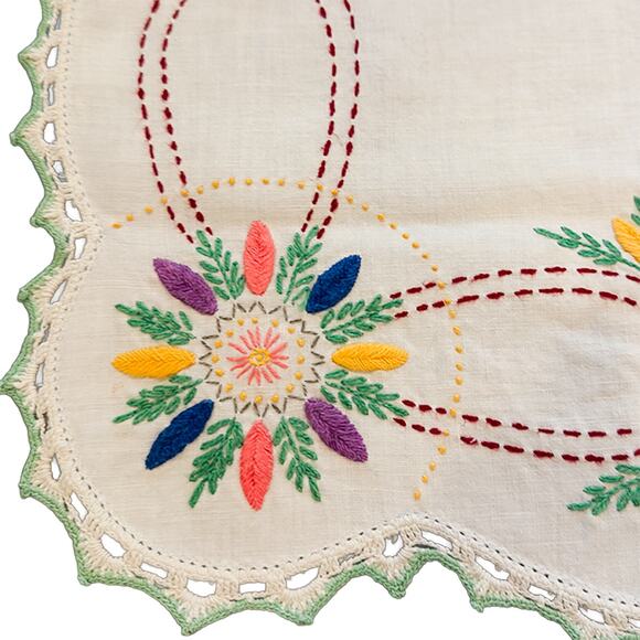 Vintage 40"x17" Hand-Embroidered Floral Boho Tablecloth Runner w/Crochet Trim - Picture 5 of 11
